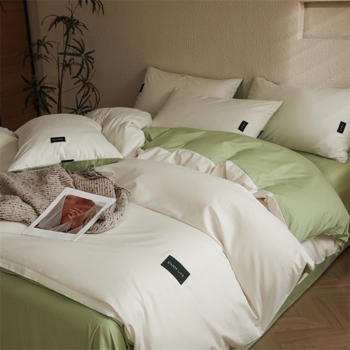 91家纺网 家纺一手货源 找家纺 启程2025新款全棉纯色双拼无印风四件套 奶白+草绿