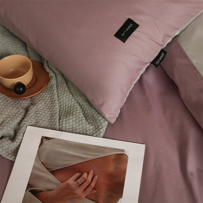 91家纺网 家纺一手货源 找家纺 启程2025新款全棉纯色双拼无印风四件套 香芋紫+绅士灰