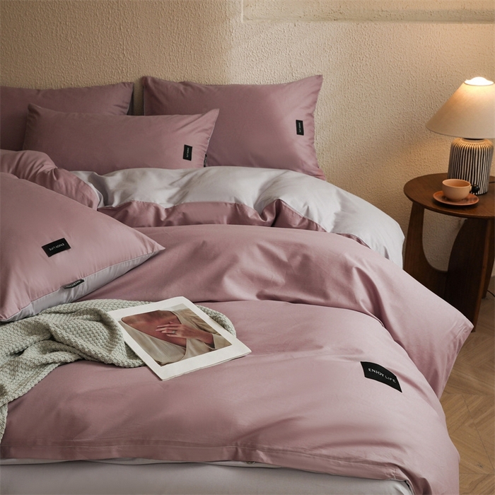 91家纺网 家纺一手货源 找家纺 启程2025新款全棉纯色双拼无印风四件套 香芋紫+水晶紫