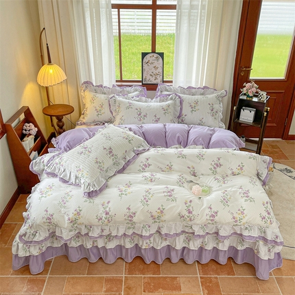 91家纺网 家纺一手货源 找家纺 （总）宜凡家纺  2025新款全棉复古双层花边印花床盖三件套
