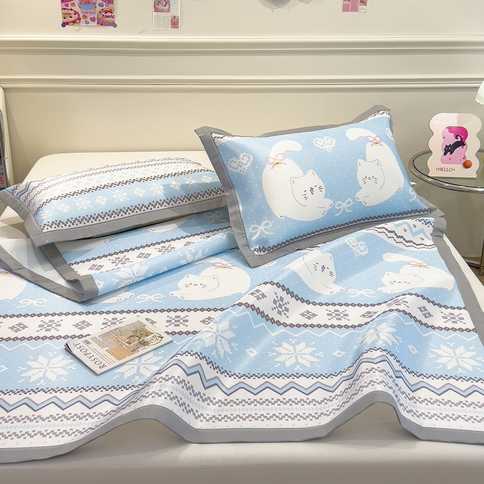 91家纺网 家纺一手货源 找家纺 摩妮卡 2025小清新数码冰丝席 碳光席三件套 蓝调喵影