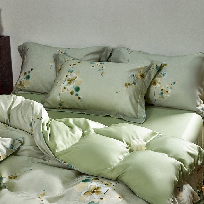 91家纺网 家纺一手货源 找家纺 未来家居 2025春夏新款100支莱赛尔天丝贡缎纯色印花系列高端礼盒四件套 初禾-绿