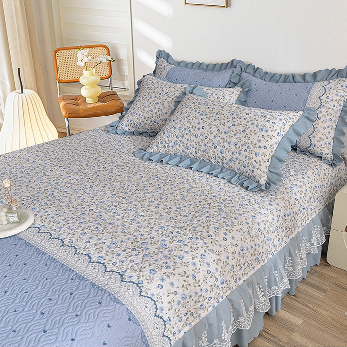 91家纺网 家纺一手货源 找家纺 梦柏 2025新款韩版双层纱夹棉绗缝床盖夏被四件套 幽香