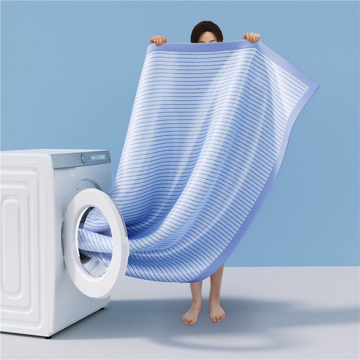 91家纺网 家纺一手货源 找家纺 悠米悠家 2025新款负离子+抗菌系列凉席床笠三件套 负离子蓝色