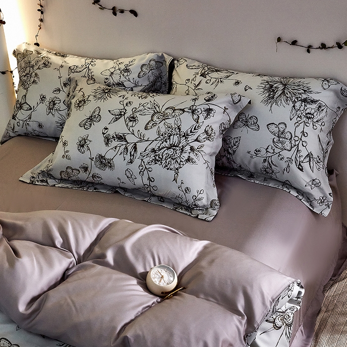 91家纺网 家纺一手货源 找家纺 未来家居 2025春夏新款100支莱赛尔天丝贡缎纯色印花系列高端礼盒四件套 蝶恋花