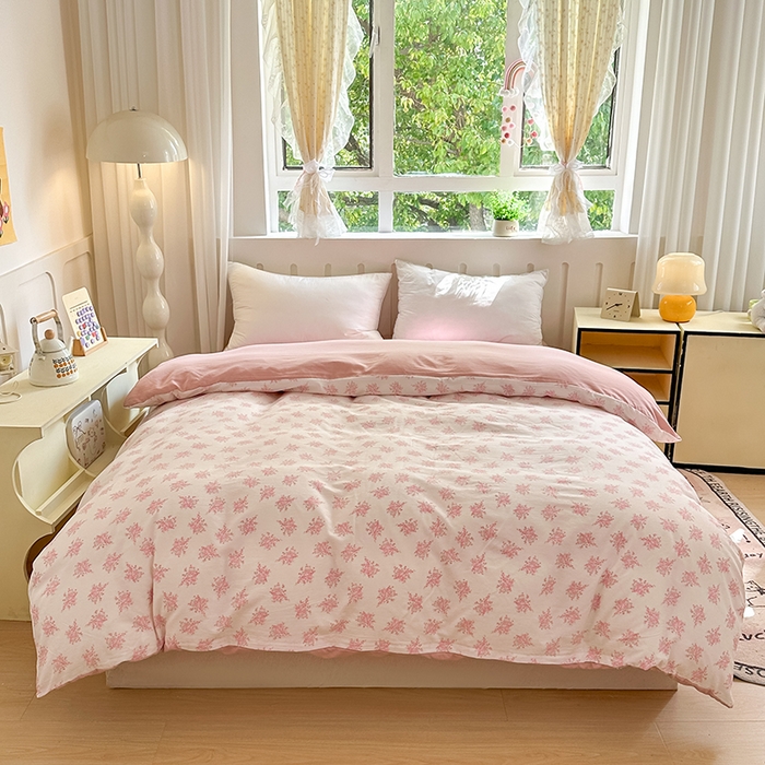 91家纺网 家纺一手货源 找家纺 玖明2025新款A类加厚柔软针织棉双层纱四件套 富贵花开