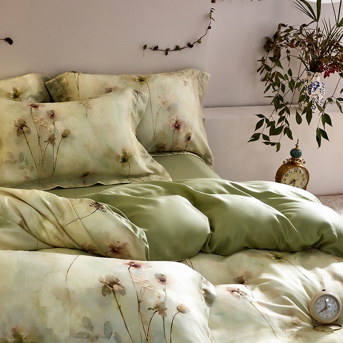 91家纺网 家纺一手货源 找家纺 未来家居 2025春夏新款100支莱赛尔天丝贡缎纯色印花系列高端礼盒四件套 柔澜