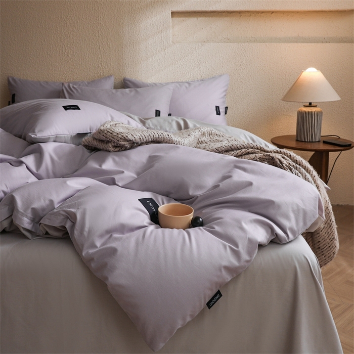 91家纺网 家纺一手货源 找家纺 启程2025新款全棉纯色双拼无印风四件套 水晶紫+绅士灰