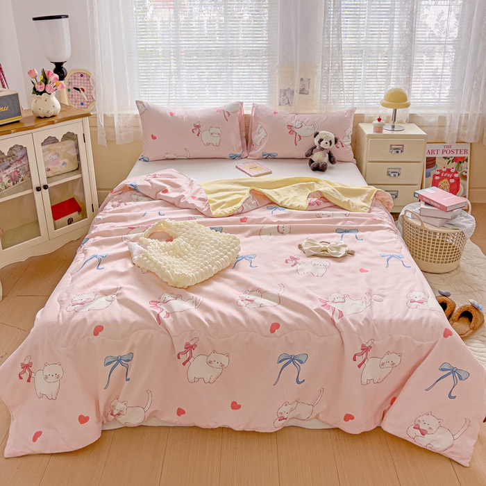 91家纺网 家纺一手货源 找家纺 2025春夏新款嵌绳款云柔水洗棉单夏被夏凉被空调被 嵌绳夏被-小蝴蝶结