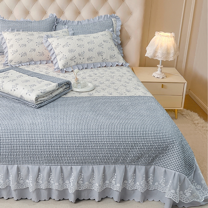 91家纺网 家纺一手货源 找家纺 梦柏 2025新款韩版双层纱夹棉绗缝床盖夏被四件套 芳香