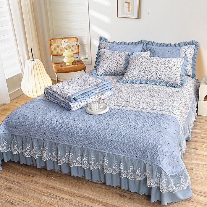 91家纺网 家纺一手货源 找家纺 梦柏 2025新款韩版双层纱夹棉绗缝床盖夏被四件套 幽香