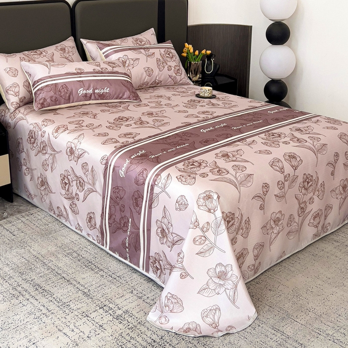 91家纺网 家纺一手货源 找家纺 纽缦家纺 2025新款印花冰丝防滑床单 秋雨暖熙红