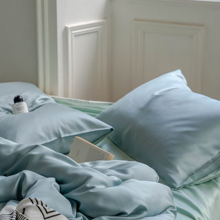 91家纺网 家纺一手货源 找家纺 未来家居 2025新款60S兰精天丝纯色四件套 天空蓝-浅艾绿