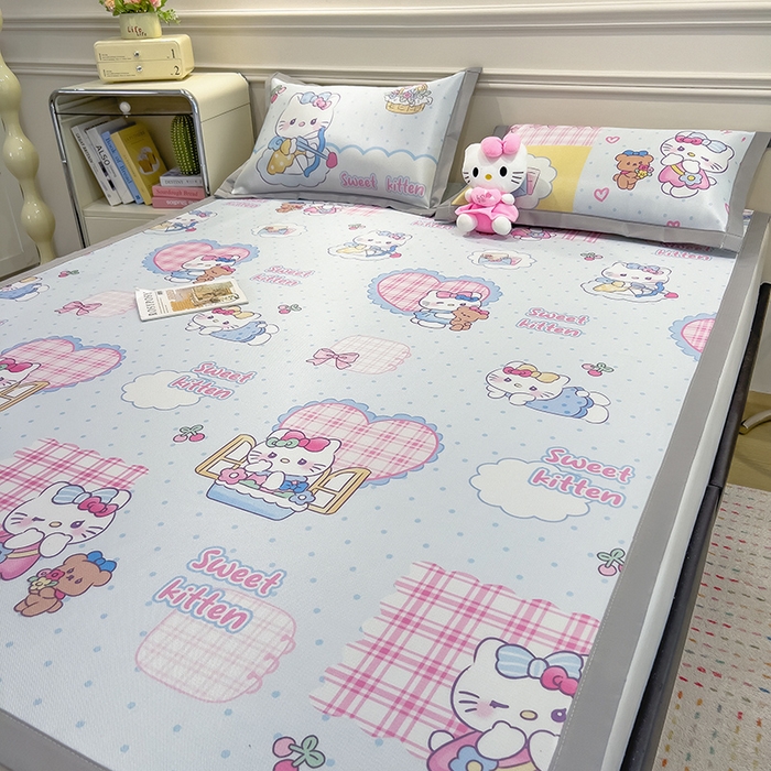 91家纺网 家纺一手货源 找家纺 摩妮卡 2025小清新数码冰丝席 碳光席三件套 凯蒂甜心