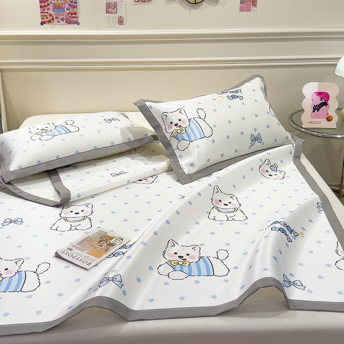 91家纺网 家纺一手货源 找家纺 摩妮卡 2025小清新数码冰丝席 碳光席三件套 蓝点萌犬