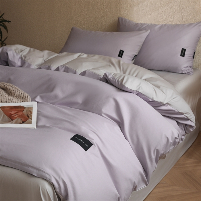 91家纺网 家纺一手货源 找家纺 启程2025新款全棉纯色双拼无印风四件套 水晶紫+绅士灰