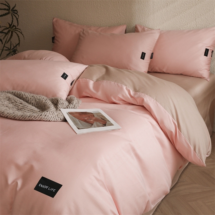 91家纺网 家纺一手货源 找家纺 启程2025新款全棉纯色双拼无印风四件套 奶油粉+杏仁