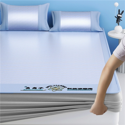 91家纺网 家纺一手货源 找家纺 悠米悠家 2025新款负离子+抗菌系列凉席床笠三件套 负离子蓝色