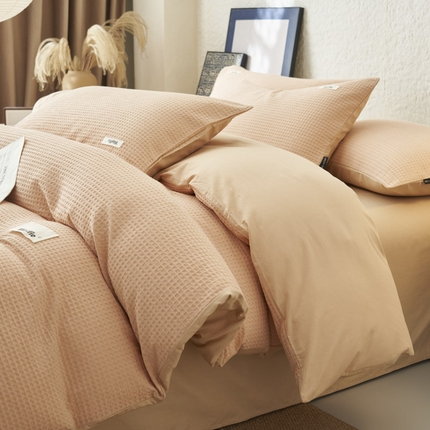 91家纺网 家纺一手货源 找家纺 寐绸家纺 2025新款纯棉华夫格四件套 华夫格四件套-杏色