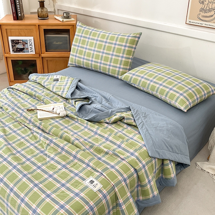 91家纺网 家纺一手货源 找家纺 鸣升家纺 2025新款100%里外全棉棉花夏被无印风全棉色织水洗棉夏凉被空调被夏被春秋被单人可机洗 初时绿