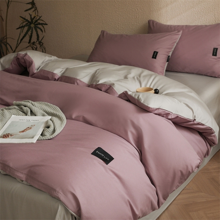 91家纺网 家纺一手货源 找家纺 启程2025新款全棉纯色双拼无印风四件套 香芋紫+绅士灰