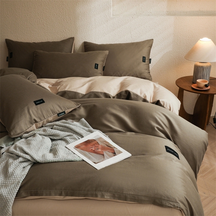 91家纺网 家纺一手货源 找家纺 启程2025新款全棉纯色双拼无印风四件套 岩石灰+杏仁