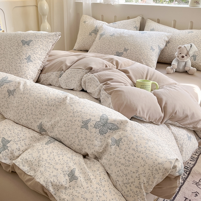 91家纺网 家纺一手货源 找家纺 玖明2025新款A类加厚柔软针织棉双层纱四件套 蝶梦花香