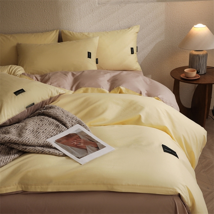 91家纺网 家纺一手货源 找家纺 启程2025新款全棉纯色双拼无印风四件套 奶昔黄+杏仁