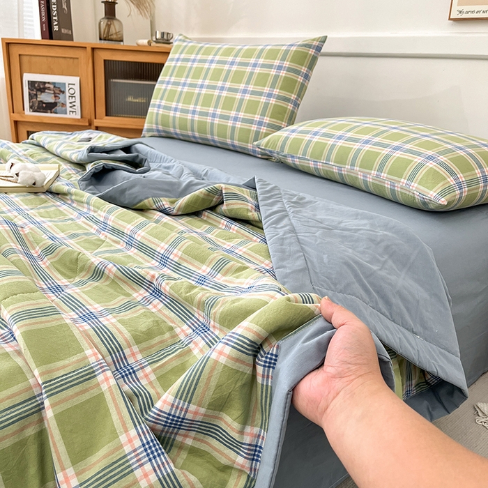 91家纺网 家纺一手货源 找家纺 鸣升家纺 2025新款100%里外全棉棉花夏被无印风全棉色织水洗棉夏凉被空调被夏被春秋被单人可机洗 初时绿