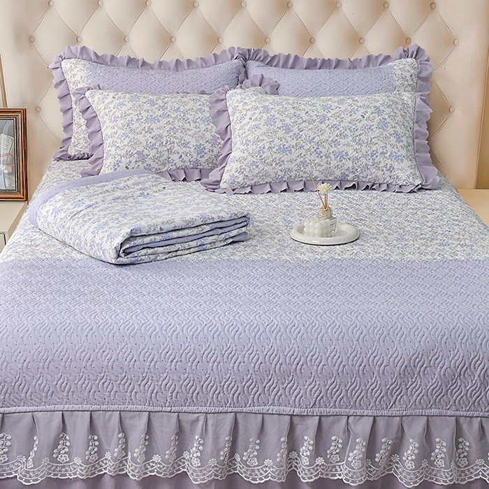 91家纺网 家纺一手货源 找家纺 梦柏 2025新款韩版双层纱夹棉绗缝床盖夏被四件套 薰衣草