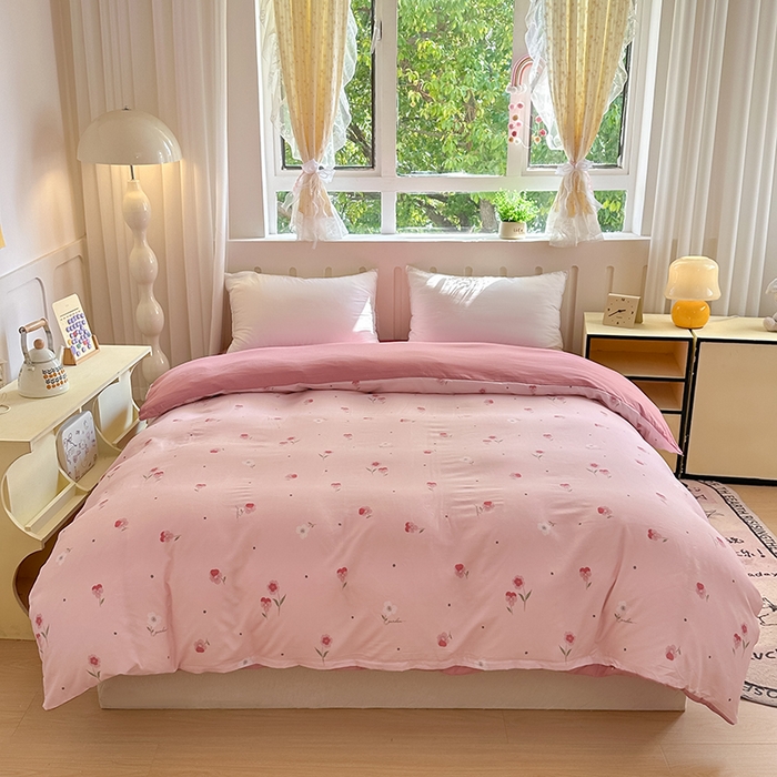 91家纺网 家纺一手货源 找家纺 玖明2025新款A类加厚柔软针织棉双层纱四件套 柔美梦境-粉