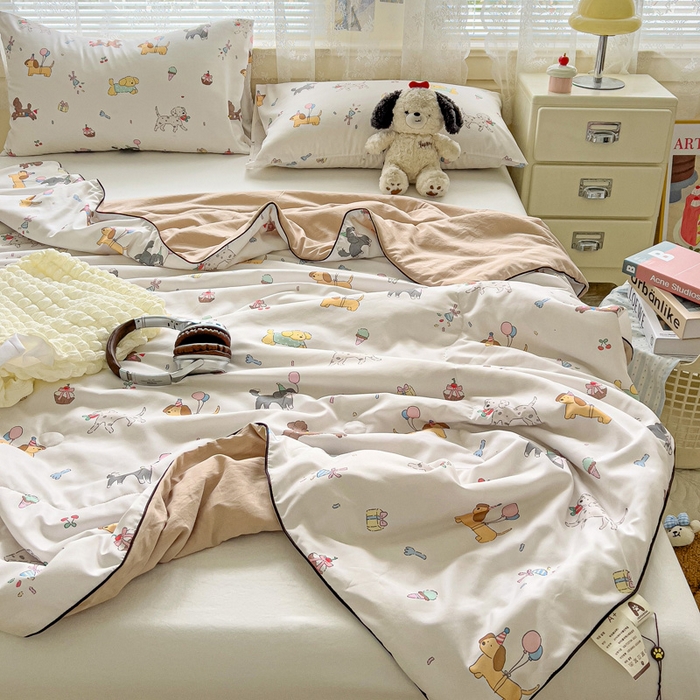 91家纺网 家纺一手货源 找家纺 2025春夏新款嵌绳款云柔水洗棉单夏被夏凉被空调被 嵌绳夏被-童年狗