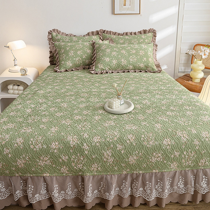 91家纺网 家纺一手货源 找家纺 梦柏 2025新款韩版双层纱夹棉绗缝床盖夏被四件套 绿野仙踪