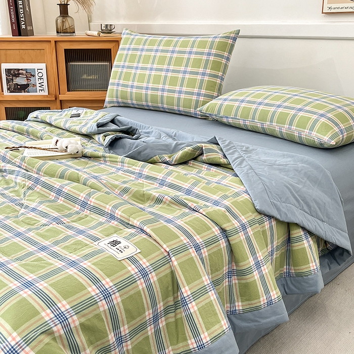 91家纺网 家纺一手货源 找家纺 鸣升家纺 2025新款100%里外全棉棉花夏被无印风全棉色织水洗棉夏凉被空调被夏被春秋被单人可机洗 初时绿