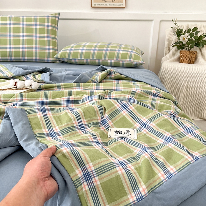 91家纺网 家纺一手货源 找家纺 鸣升家纺 2025新款100%里外全棉棉花夏被无印风全棉色织水洗棉夏凉被空调被夏被春秋被单人可机洗 初时绿