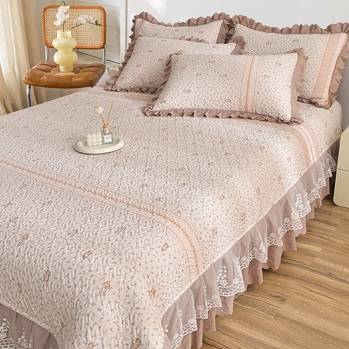 91家纺网 家纺一手货源 找家纺 梦柏 2025新款韩版双层纱夹棉绗缝床盖夏被四件套 萌小兔