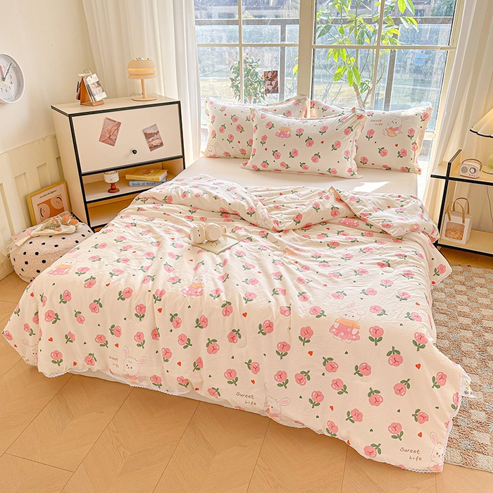 91家纺网 家纺一手货源 找家纺 2025新款双层皱皱纱水洗棉夏被夏凉被空调被可机洗空调被子被芯棉被 曼塔玫瑰