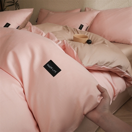 启程2025新款全棉纯色双拼无印风四件套 奶油粉+杏仁