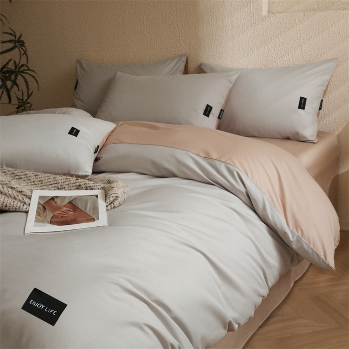 91家纺网 家纺一手货源 找家纺 启程2025新款全棉纯色双拼无印风四件套 绅士灰+杏仁