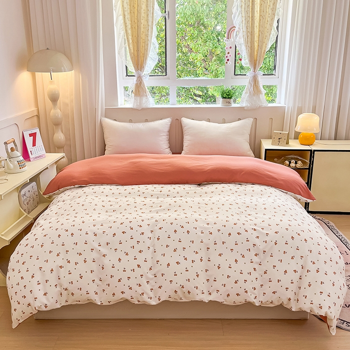 91家纺网 家纺一手货源 找家纺 玖明2025新款A类加厚柔软针织棉双层纱四件套 果香满园