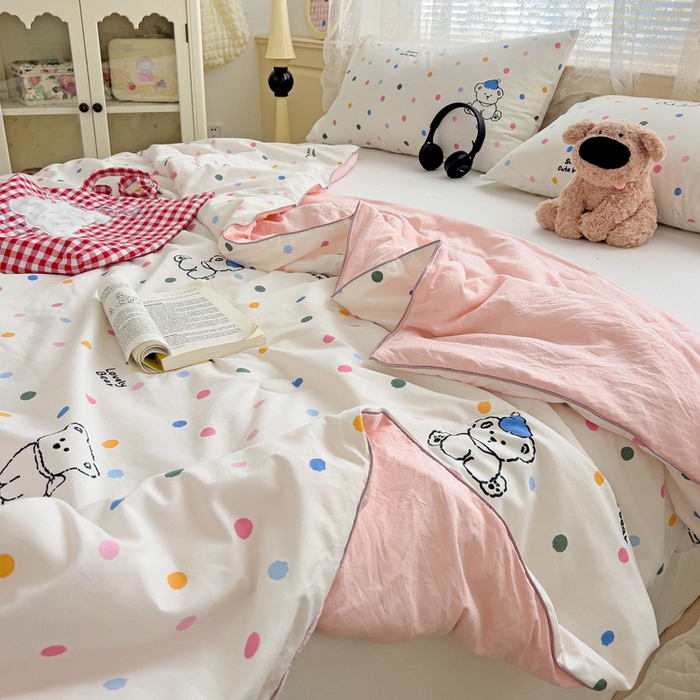 91家纺网 家纺一手货源 找家纺 2025春夏新款嵌绳款云柔水洗棉单夏被夏凉被空调被 嵌绳夏被-彩色波点熊