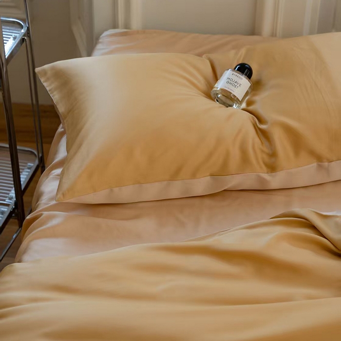 91家纺网 家纺一手货源 找家纺 未来家居 2025新款60S兰精天丝纯色四件套 芝士黄-沙茶色