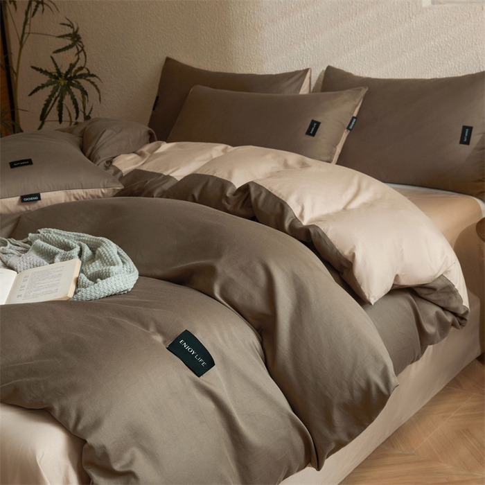 91家纺网 家纺一手货源 找家纺 启程2025新款全棉纯色双拼无印风四件套 岩石灰+杏仁