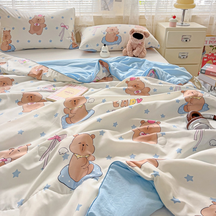 91家纺网 家纺一手货源 找家纺 2025春夏新款嵌绳款云柔水洗棉单夏被夏凉被空调被 嵌绳夏被-星星卡皮