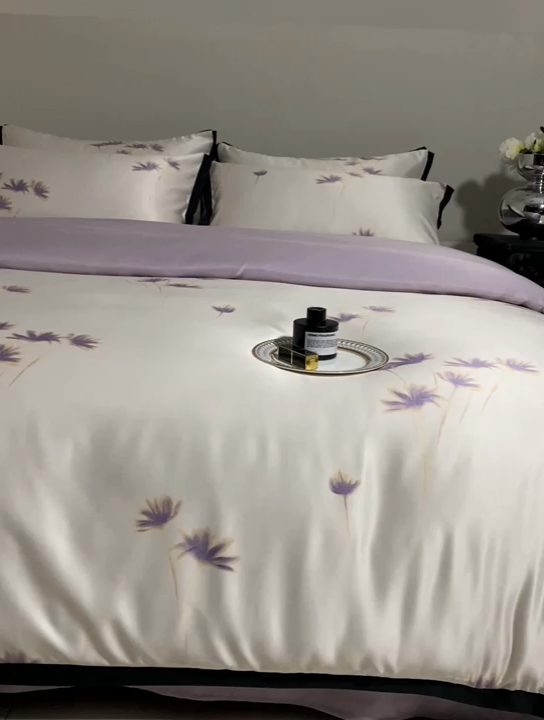 91家纺网 家纺一手货源 找家纺 优悦 2025新款冰丝数码印花四件套 如梦-紫