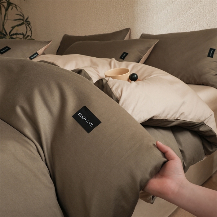 91家纺网 家纺一手货源 找家纺 启程2025新款全棉纯色双拼无印风四件套 岩石灰+杏仁