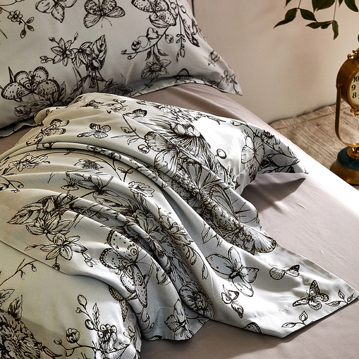 91家纺网 家纺一手货源 找家纺 未来家居 2025春夏新款100支莱赛尔天丝贡缎纯色印花系列高端礼盒四件套 蝶恋花