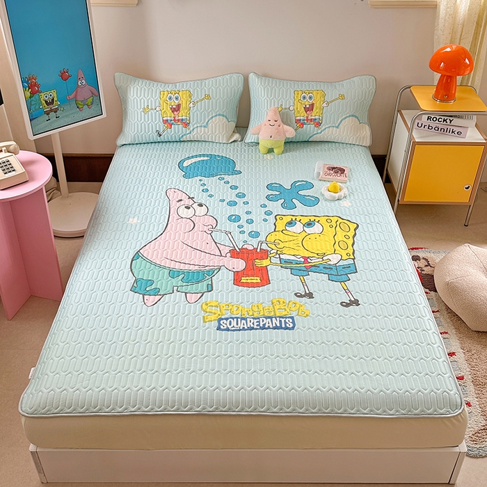 91家纺网 家纺一手货源 找家纺 金爱家 2025新款海绵宝宝乳胶凉席床笠款凉席席子 凉席床笠款-泡泡海绵宝宝