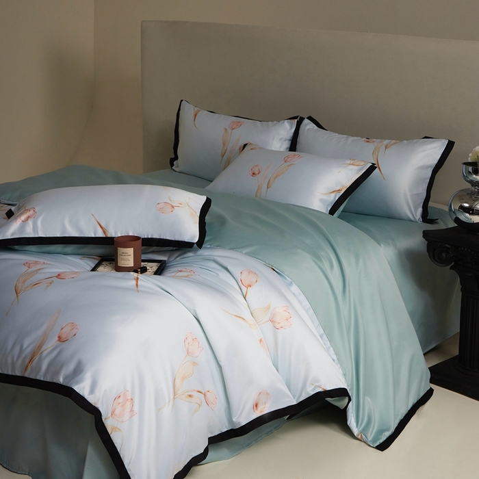 91家纺网 家纺一手货源 找家纺 优悦 2025新款冰丝数码印花四件套 花期-绿