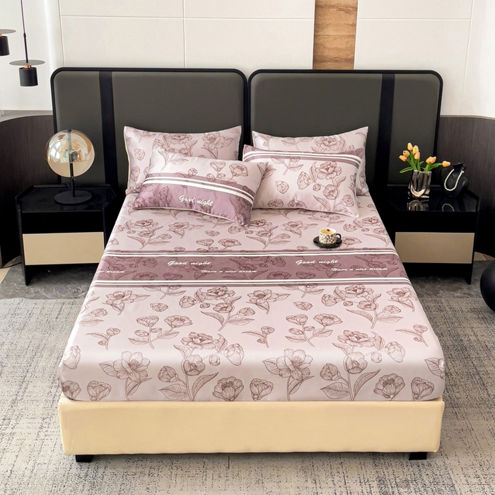 91家纺网 家纺一手货源 找家纺 纽缦家纺 2025新款印花冰丝床笠 秋雨暖熙红